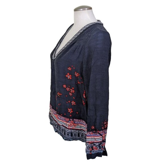 Desigual Top Women Large Black Beaded V Neck Top Long Sleeve Artsy Boho Colorful - Picture 5 of 8